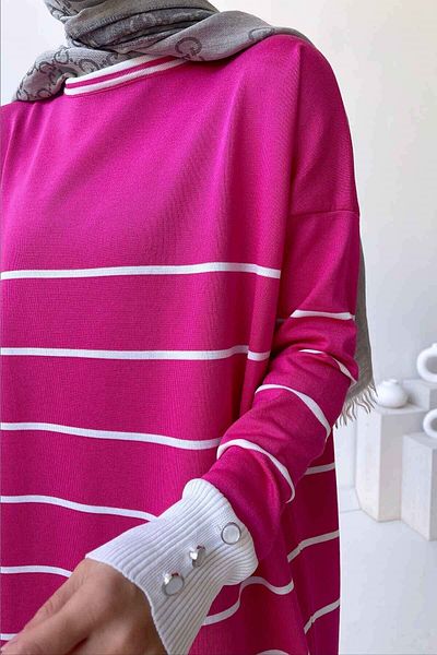 Ka Hijab Crew Neck Striped Mercerized Tunic - Fuchsia