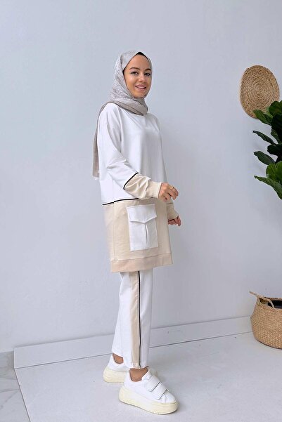 Ka Hijab Double Color Striped 2-Piece Hijab Set - White
