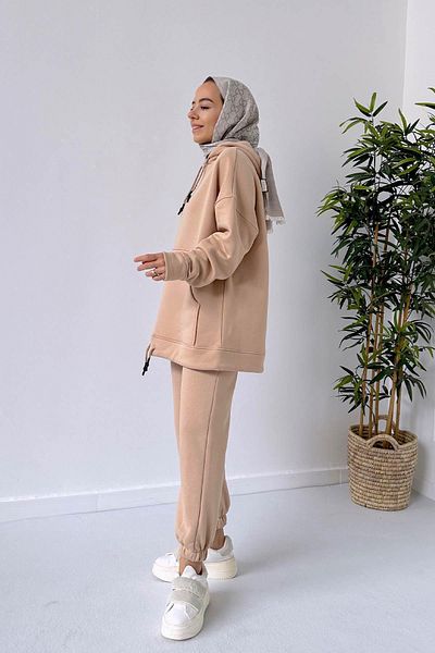 Ka Hijab 3 Thread Hijab Tracksuit Set with Elastic Ankle - Camel
