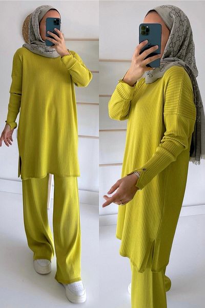 Ka Hijab Corded Mercerized Hijab Suit - Oil Green