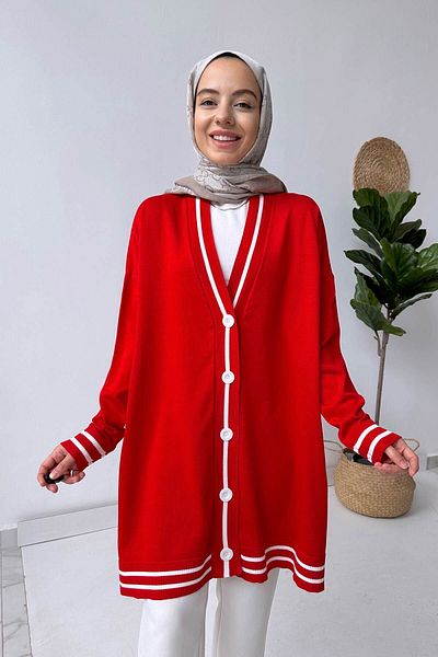 Ka Hijab Red Stripe Detail Buttoned Mercerized Cardigan