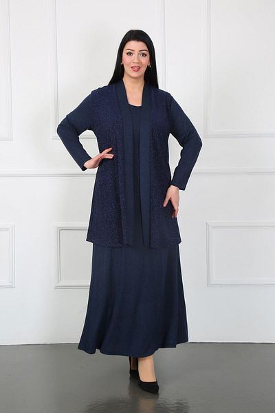 YASEŞA BUTİK Navy Blue Glitter Plus Size Seasonal Dress - Short Sleeve