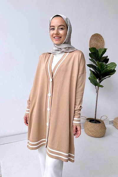 Ka Hijab Mercerized Hijab Cardigan with Line Detail Buttons - Milk Coffee