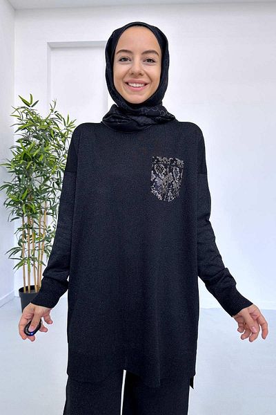 Ka Hijab Stoned Pocket Mercerized Hijab Tunic - Μαύρο