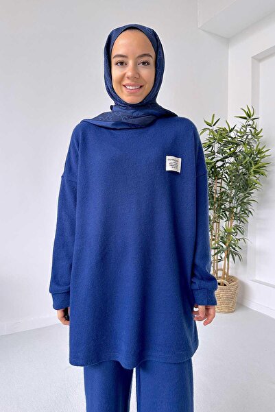Ka Hijab Wide Leg Knitwear Hijab Set - Saks Blue