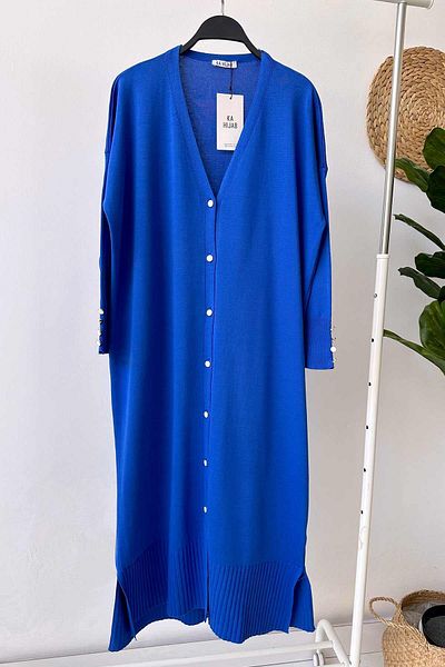 Ka Hijab Maxi Buttoned Mercerized Hijab Cardigan - Saks Blue