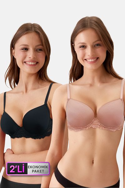 Pierre Cardin طقم حمالة صدر من الساتان الصغير باللون الأسود والوردي 6807 Kansas Lace - مع خيار D Cup