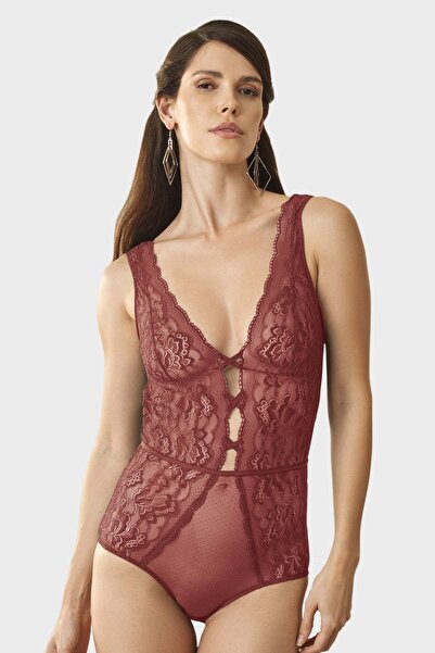 Pierre Cardin Kadın Gül Kurusu 4756 Dantelli V Yaka Bodysuit