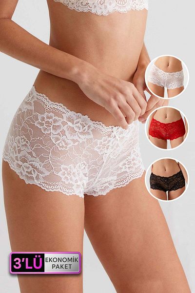 Pierre Cardin Pachet Economic de 3 Negru - Ecru - Roșu 2132 Fancy Lace Shorts Slip