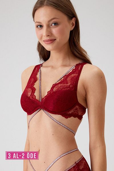 Pierre Cardin Γυναικείο μπορντό 4730001   Underwire Unttressed Lace Glitter Stripe Λεπτομερές σουτιέν μπαλκονέτας