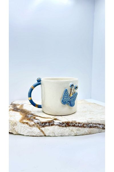 Port Aksesuar Blue Gold Butterfly 24K Gold Decorated Handmade Ceramic Mug 220mL