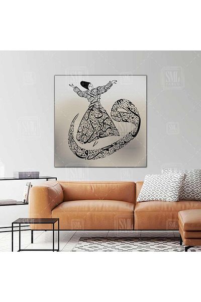 SML TABLO Semazen Vav Mevlana Celaleddin Rumi Line Art Pictură decorativă pătrată pe pânză