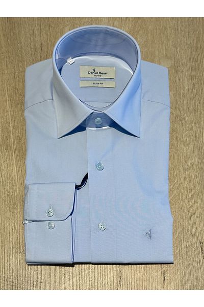 Daniel Bessi Cămașă clasică pentru bărbați, cu mânecă lungă, slim fit, de bază, albastru din bumbac