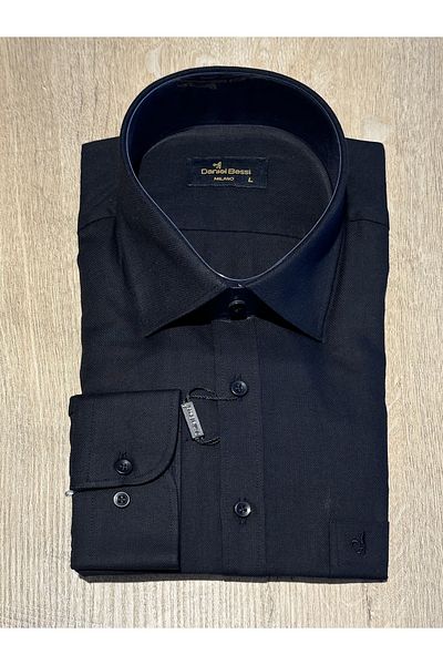 Daniel Bessi Μακρυμάνικο Regular Fit Oxford υφασμάτινο μαύρο βαμβακερό πουκάμισο με τσέπες