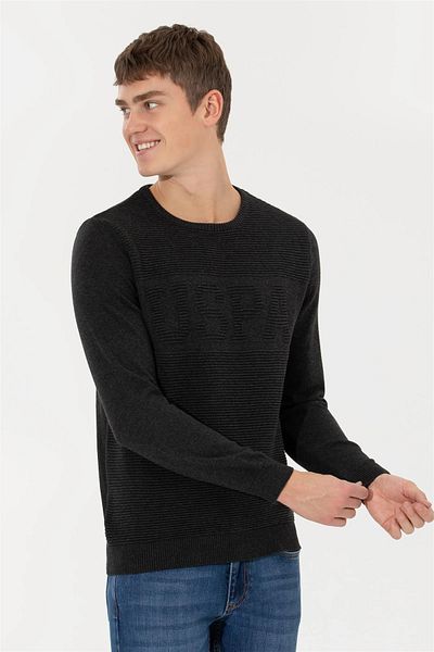 U.S. Polo Assn. KALVE Thin Ribbing USPA Embroidered Standard Fit Anthracite Melange Crew Neck Men's Sweater