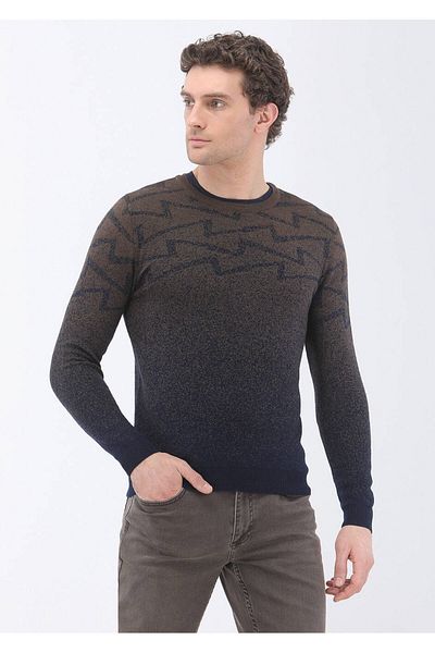 Kip Geometric Patterned Crew Neck Regular Fit Wool Blend Men's Triok Sweater