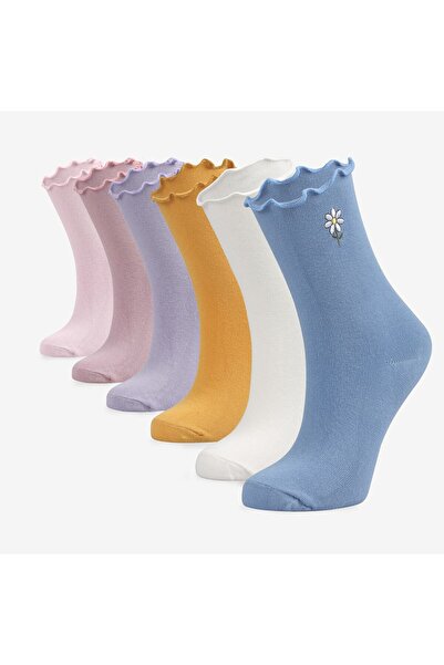 Bolero 6'lı Papatya Nakışlı Fırfırlı Kadın Soket Çorap