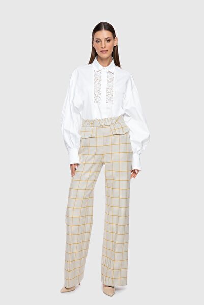 GİZİA Yüksek Bel Ekose Safran Rengi Palazzo Pantolon