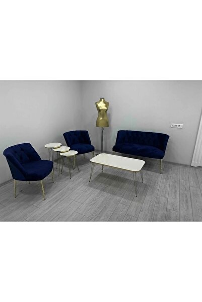 ElizzanMobilya Çay Seti Koltuk Berjer Takımı 2+1+1 Puf Hediyeli Gece Mavisi