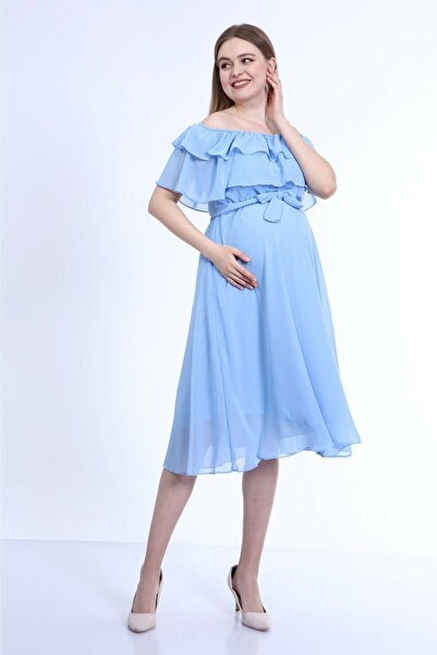 Elbise Delisi Bebe Mavisi Madonna Fırfır Yaka Büyük Beden Şifon Hamile Elbisesi
