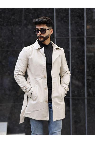 geyigo Men's Long Leather Jacket