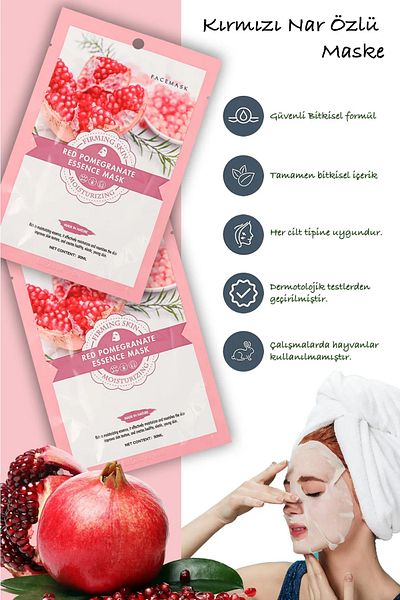 QNİAY Red Pomegranate Facial Care Mask High Moist Dry Skin 1pc 30ml Pomegranate Extract Mask Home Facial Care