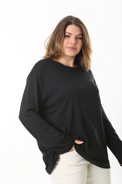 Şans Women's Plus Size Black Bike Collar Long Sleeve Blouse 65N37498