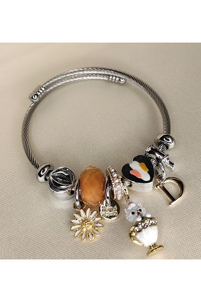ARYA DESİGN Steel Bracelet with Cup Dog and Letter Charm