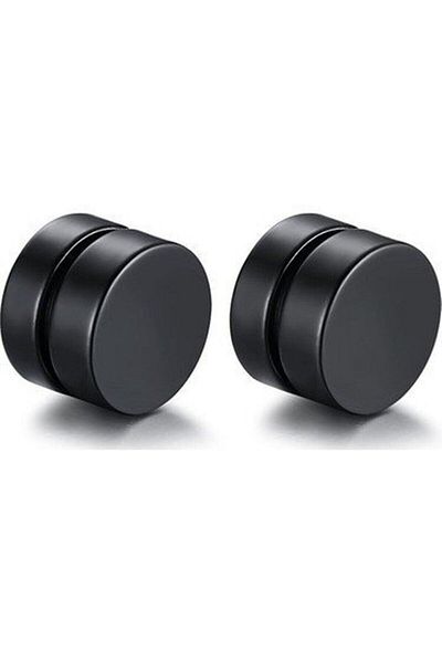 HKN AVM ACCESSORİES Black Flat Round Magnet Men's Earrings 1 Pair 8mm Magnet Steel Magnetic
