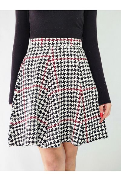 YAXİ Fusta clopot crem cu dungi roșii Claret cu model Houndstooth