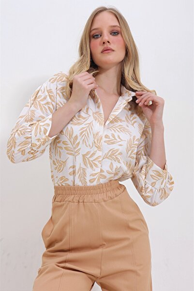 OlaLady Leaf Patterned Balloon Sleeve Linen Shirt with Hidden Placket