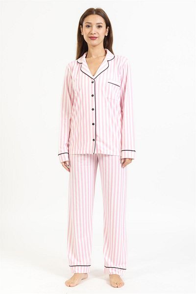 Villager&Son Costum de pijama cu mâneci din bumbac pieptănat cu model Vs, alb, roz, în dungi