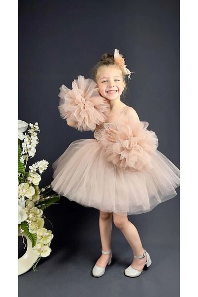 Delfini kids Chiffon Robe, Pompom Sleeve, Sequined Girl's Crinoline Skirt, Tutu Evening Dress
