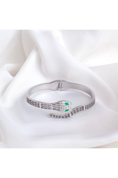 İSTLİV Women's Silver Color Snake Zircon Stone Steel Handcuffs