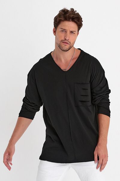 BABBOSS Μακρυμάνικο μπλουζάκι με λαιμόκοψη με λεπτομέρεια V-λαιμόκοψη Super Oversize Μπλουζάκι Α Ποιότητας