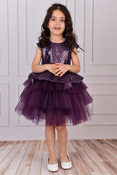 Delfini kids Girl's Purple Sequined Layered Tulle Evening Dress