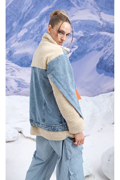 LOKADI Palton de damă din denim cu detalii de pluș