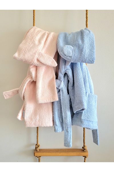Alpar Tekstil Hooded Cotton Soft Unisex Girl-Boy Bathrobe Blue/Bear Eared