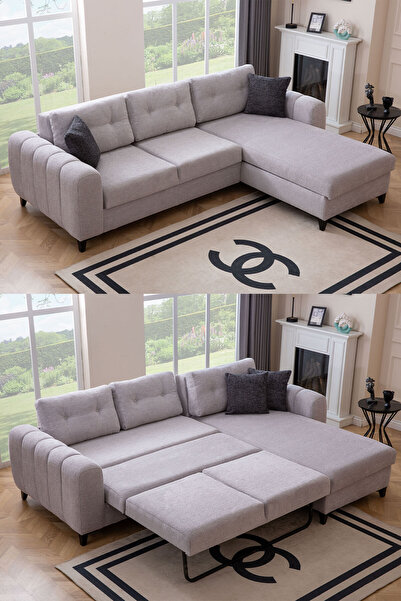 Eymense Cemre Çekyatlı Yataklı Keten Köşe Koltuk Takımı