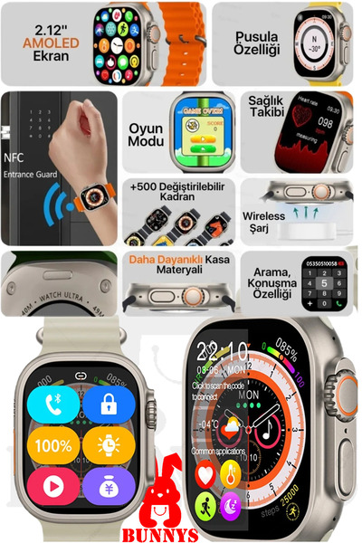 RABBİT STORE İPHONE 14 PRO Uyumlu Akıllı Saat Watch 8 Ultra 49MM AMOLED EKRAN...