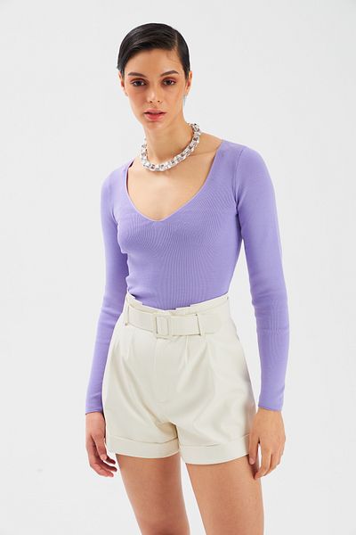 Sateen V-Neck Sweater Crop - Lilac
