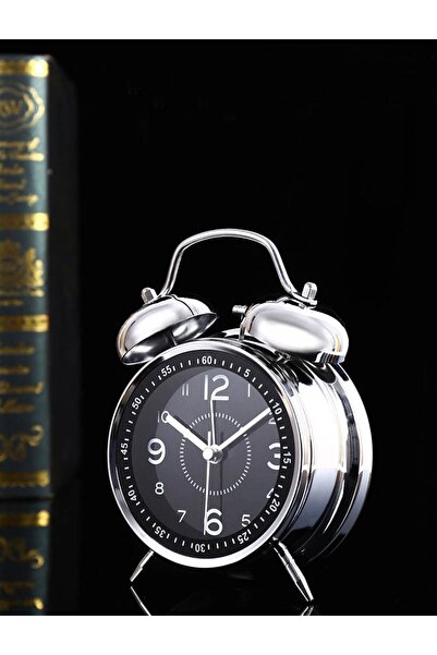 funshop Güçlü Alarm Sesi Akar Mekanizmalı Nostaljik Gümüş Metal Işıklı Çift Ç...