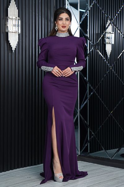 Matik Abiyem Imported Atlas Design Slit Long Dress Evening Dress with Sleeves and Neck Tie Stone Accessories