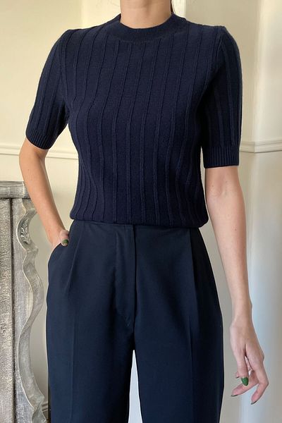Miyore Short Sleeve Corded Sweater - NAVY BLUE