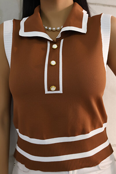 ALCHON Γυναικείο πλεκτό εσώρουχο - γιακά πόλο, χωρίς κουμπιά, κουμπιά, ρίγες, αμάνικο καλοκαίρι