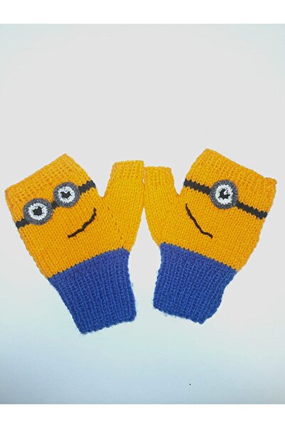 ELEGANTKNİTTED Çocuk Sarı Mavi Minion Desenli Parmaksız Örgü Eldiven