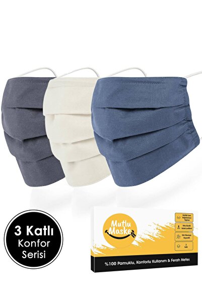 Mutlu Maske Konfor Serisi 3 Katlı Telli Gri Beyaz Lacivert Renkli Yıkanabilir Pamuk Bez Maske Modelleri 3'lü Set