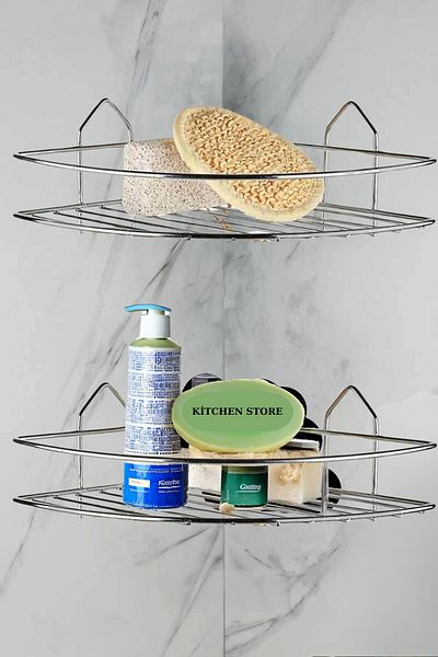 Kitchen Store 2-Piece Adhesive Chrome Single Layer Bathroom Shower Shelf Shampoo Rack Single Layer Corner Rack