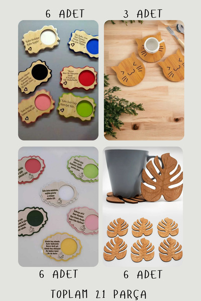 wooden gift design 21 Parça Kahve Fincan ve Bardak Altlığı