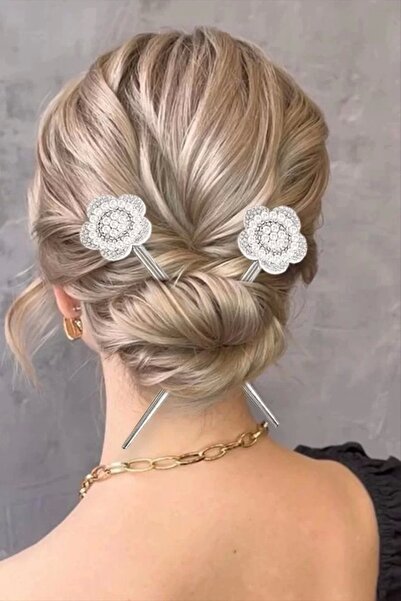 little Luv Cataramă dublă cu flori cu detalii de perle de culoare argintie